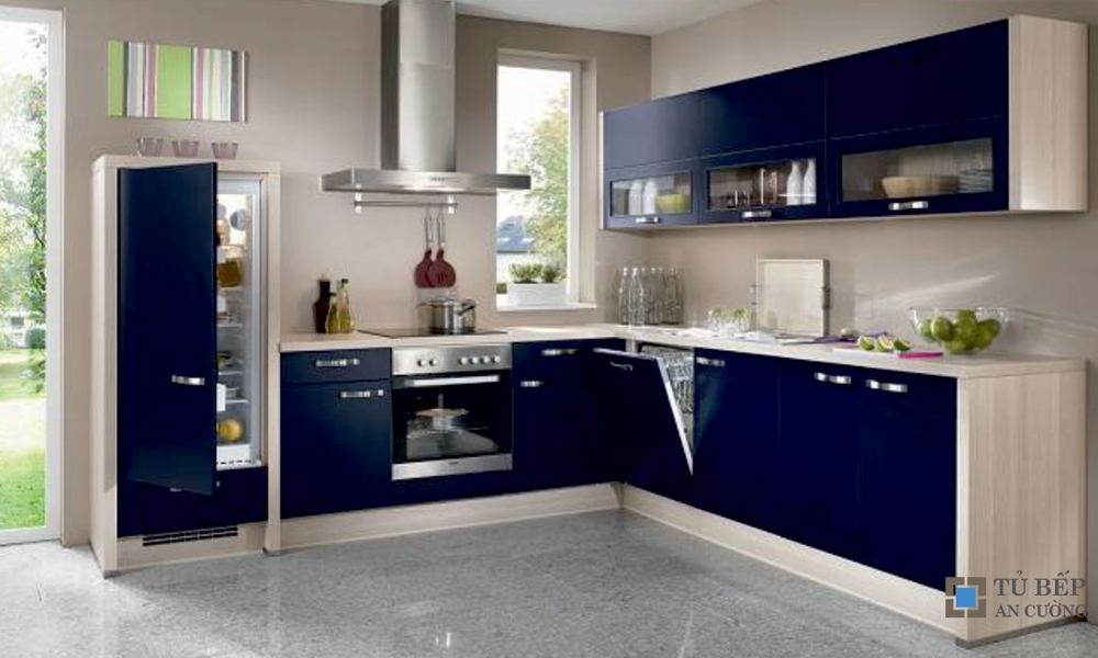 Tủ bếp gỗ Acrylic phủ bóng gương màu xanh Mẫu 070