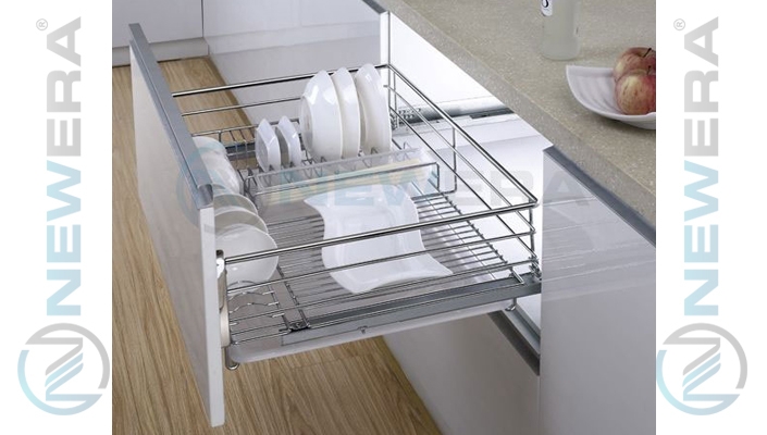 Kệ ngăn kéo ray âm giảm chấn đựng bát đũa newera cánh kéo có khay hứng nước