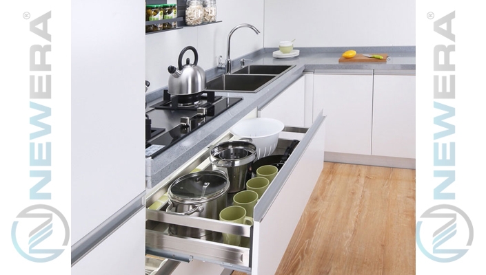 Ngăn kéo để xoong nồi NewEra inox hộp 304, giảm chấn, 900mm