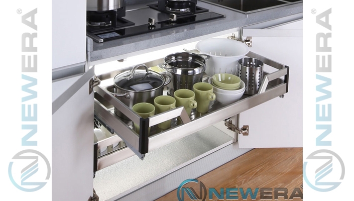 Kệ ngăn kéo đựng xoong nồi NewEra cánh mở, inox hộp 304, giảm chấn