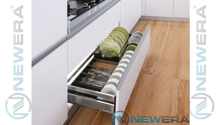 Ngăn kéo để bát đĩa, giảm chấn gắn liền, chất liệu inox hộp 304
